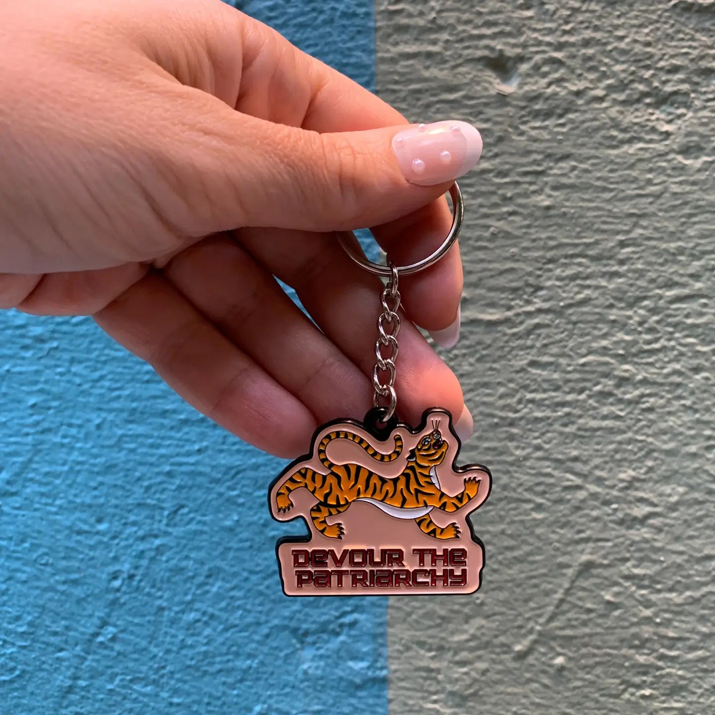 devour the patriarchy feminist enamel tiger keychain