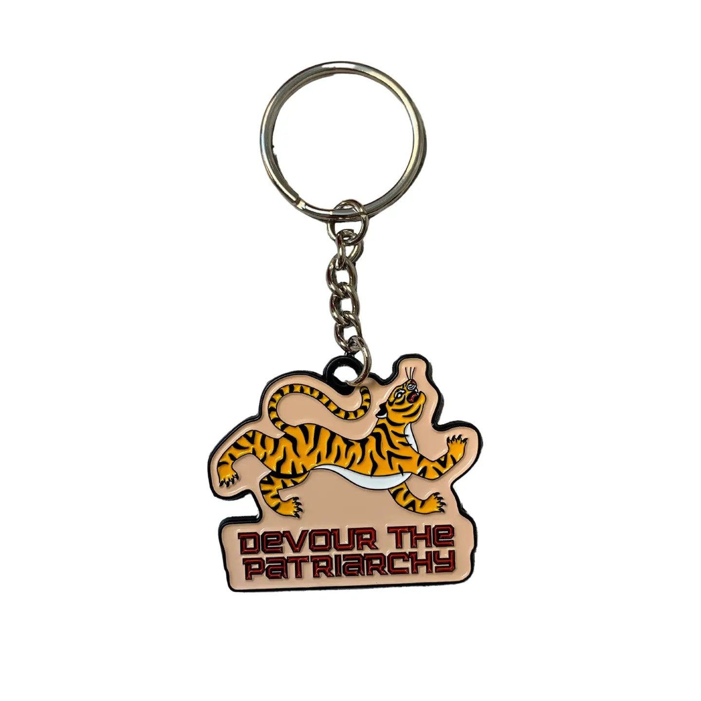 devour the patriarchy feminist enamel tiger keychain