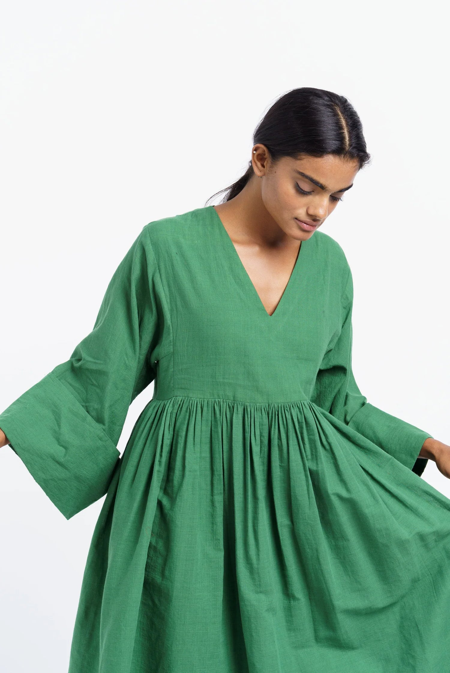 basil green gathered midi dress