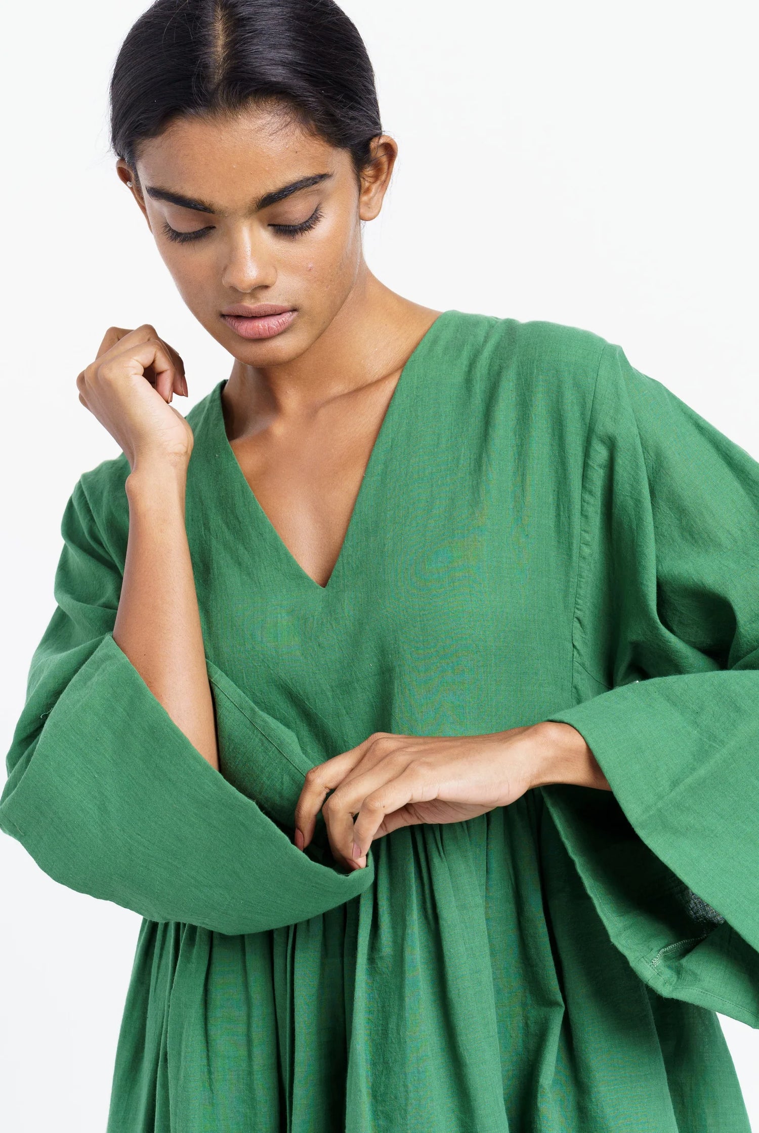 basil green gathered midi dress