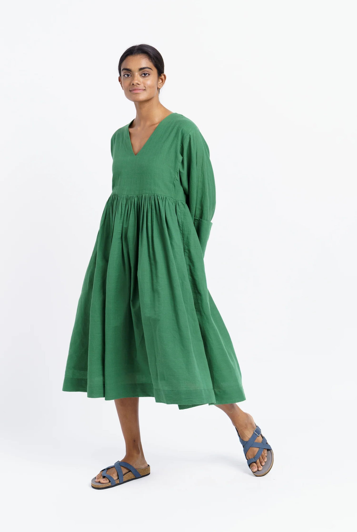 basil green gathered midi dress