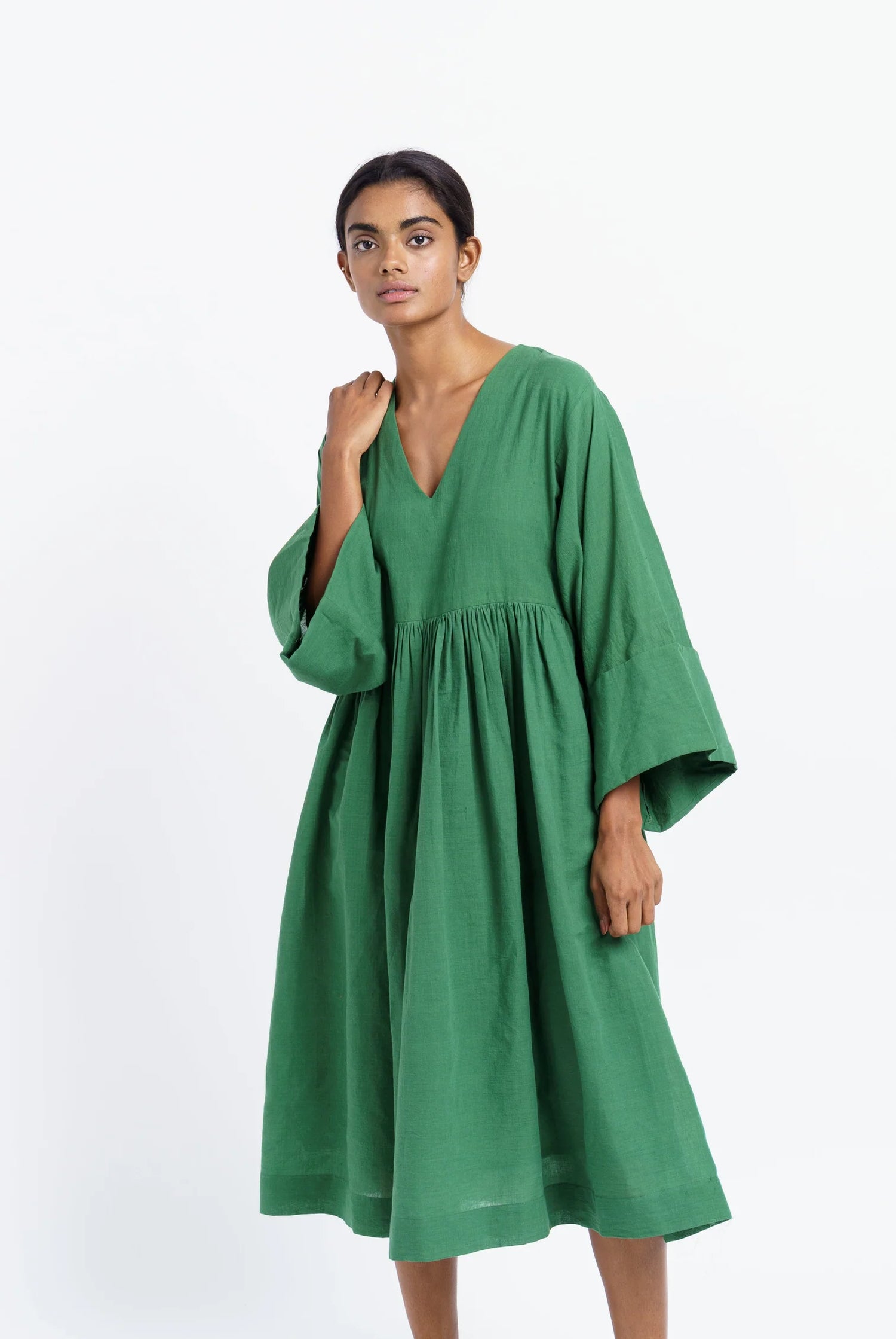 basil green gathered midi dress