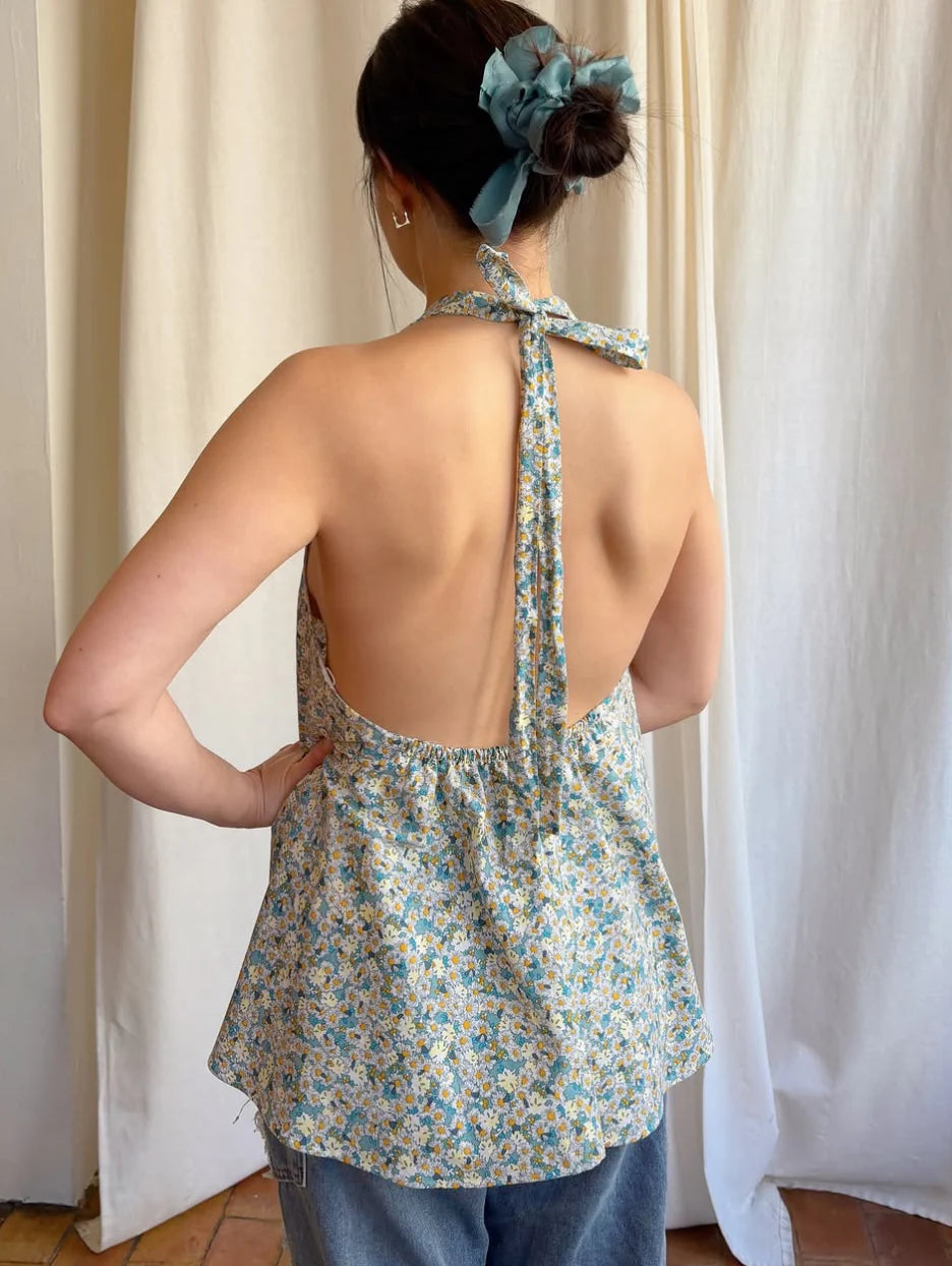 daisy floral low back halter top w/ tie