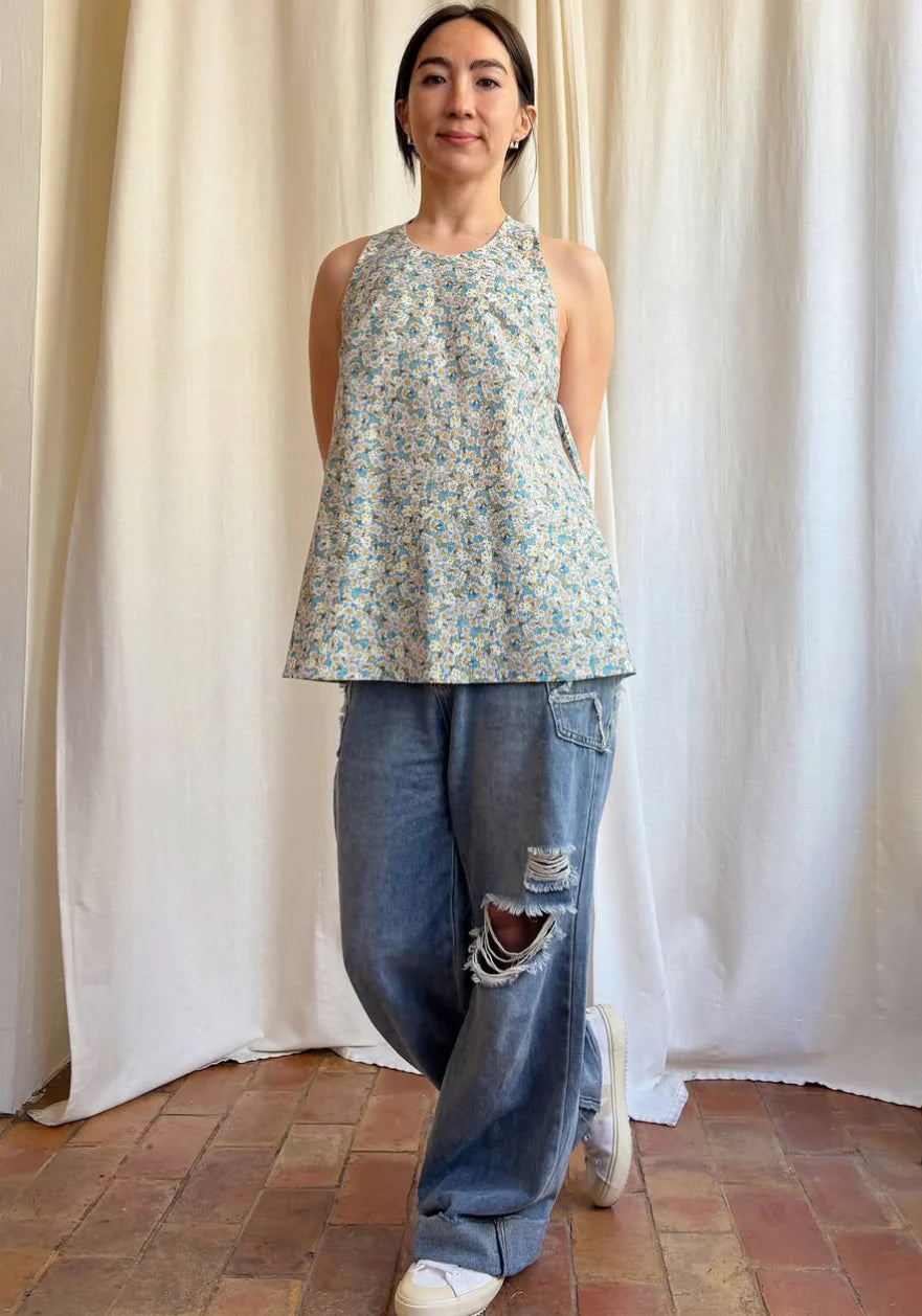 daisy floral low back halter top w/ tie