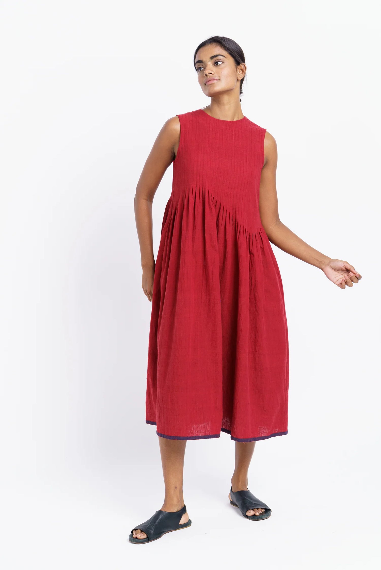 red pleated midi dress