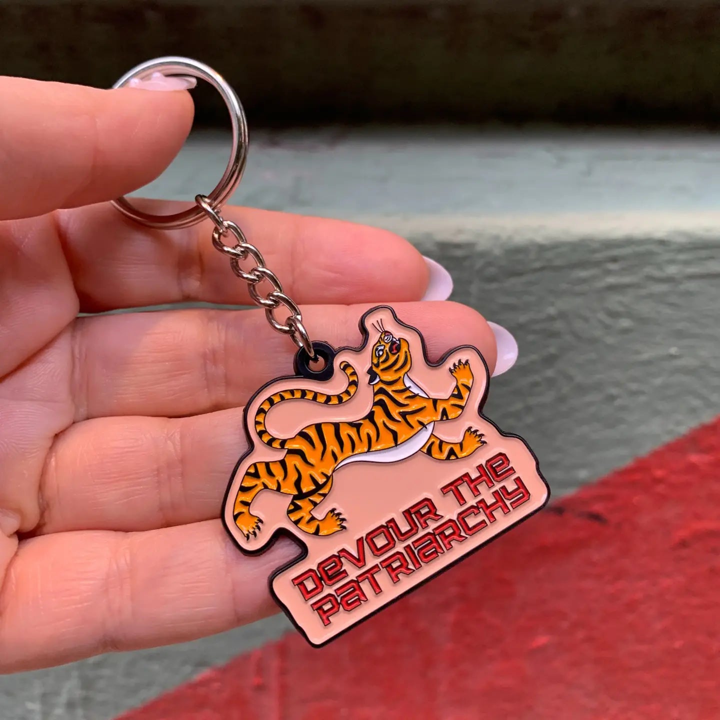 devour the patriarchy feminist enamel tiger keychain